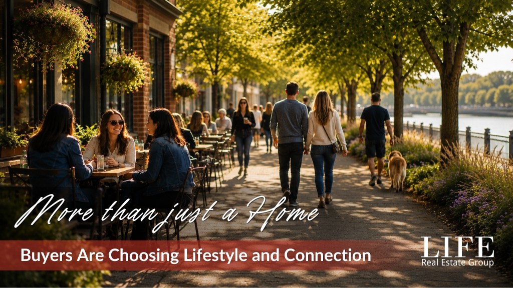 Residents enjoying a walkable Ottawa neighbourhood with local cafés, green space, and waterfront pathways. The image highlights how community, lifestyle, and neighbourhood amenities are becoming key priorities for home buyers in Ottawa's real estate market.